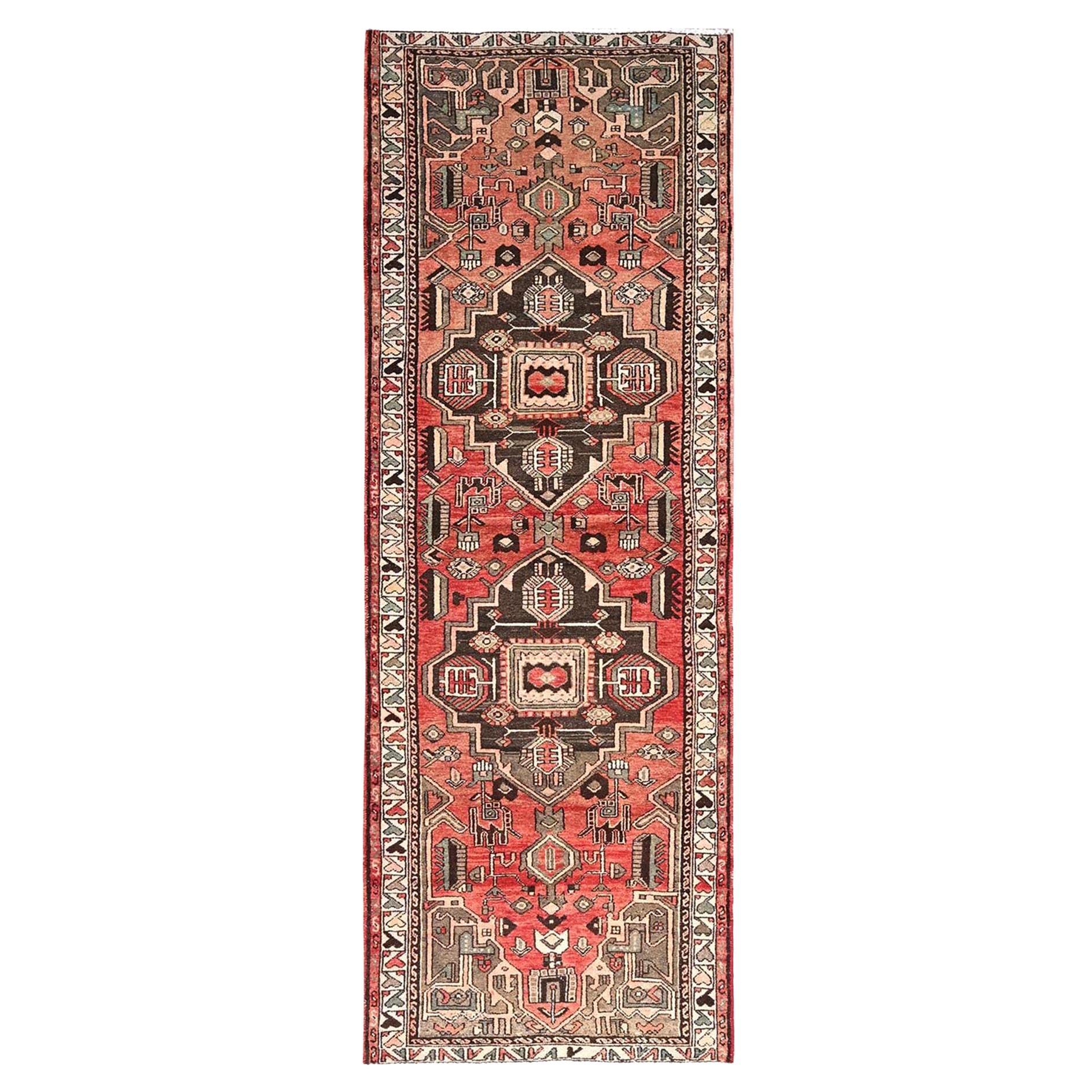 Goji Berry Red Hand Knotted Vintage Persian Hamadan Wool Runner Distressed Rug