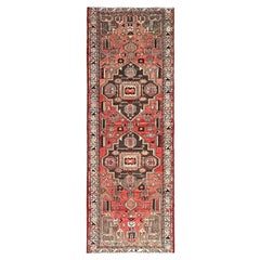 Goji Berry Red Hand Knotted Vintage Persian Hamadan Wool Runner Distressed Rug