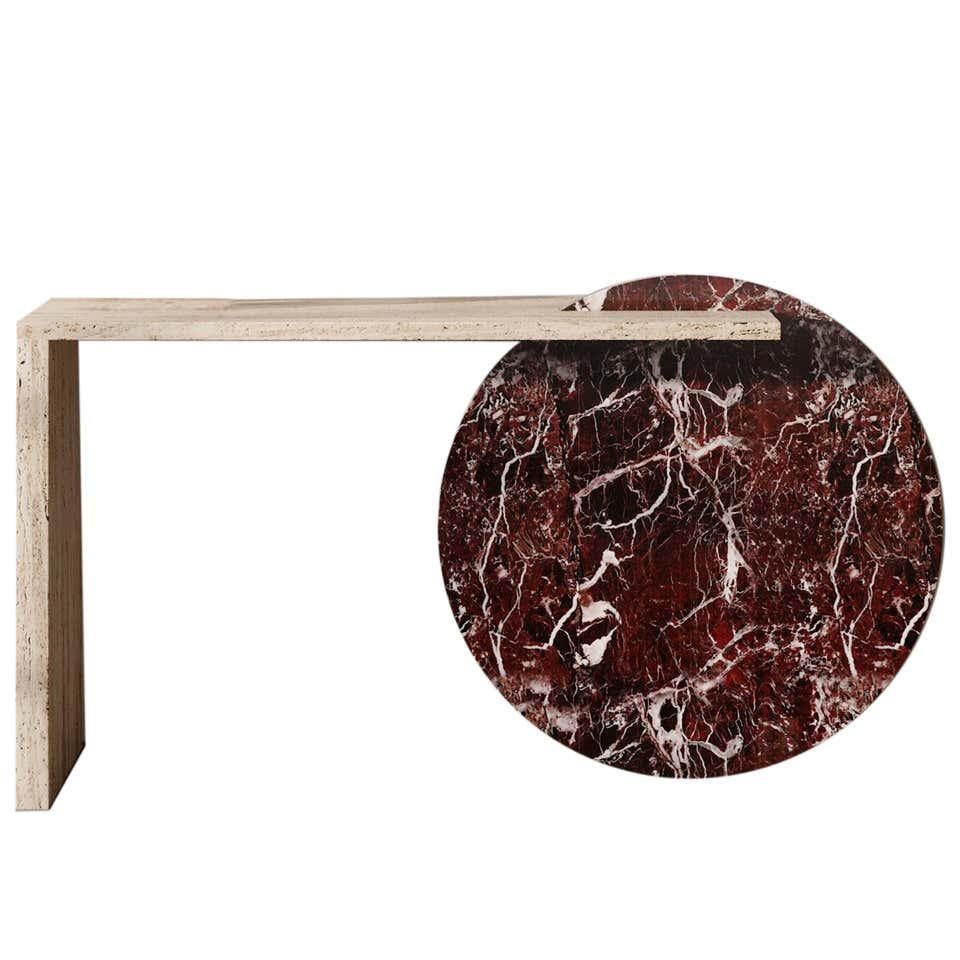 Gol. 001 Marble console table by Chapter Studio
Dimensions: H 86 x W 40 x D 150
Material: marble (beige travertine, rosa levanto)

Effortless composition and eccentric design bring forth the Golestan Series. Evoking rich emotions of heritage and