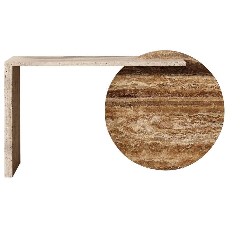 Gol. 001 marble table by Chapter Studio
Dimensions: H 86 x W 40 x D 150
Material: marble (beige travertine, noce travertine)

Effortless composition and eccentric design bring forth the Golestan Series. Evoking rich emotions of heritage and culture