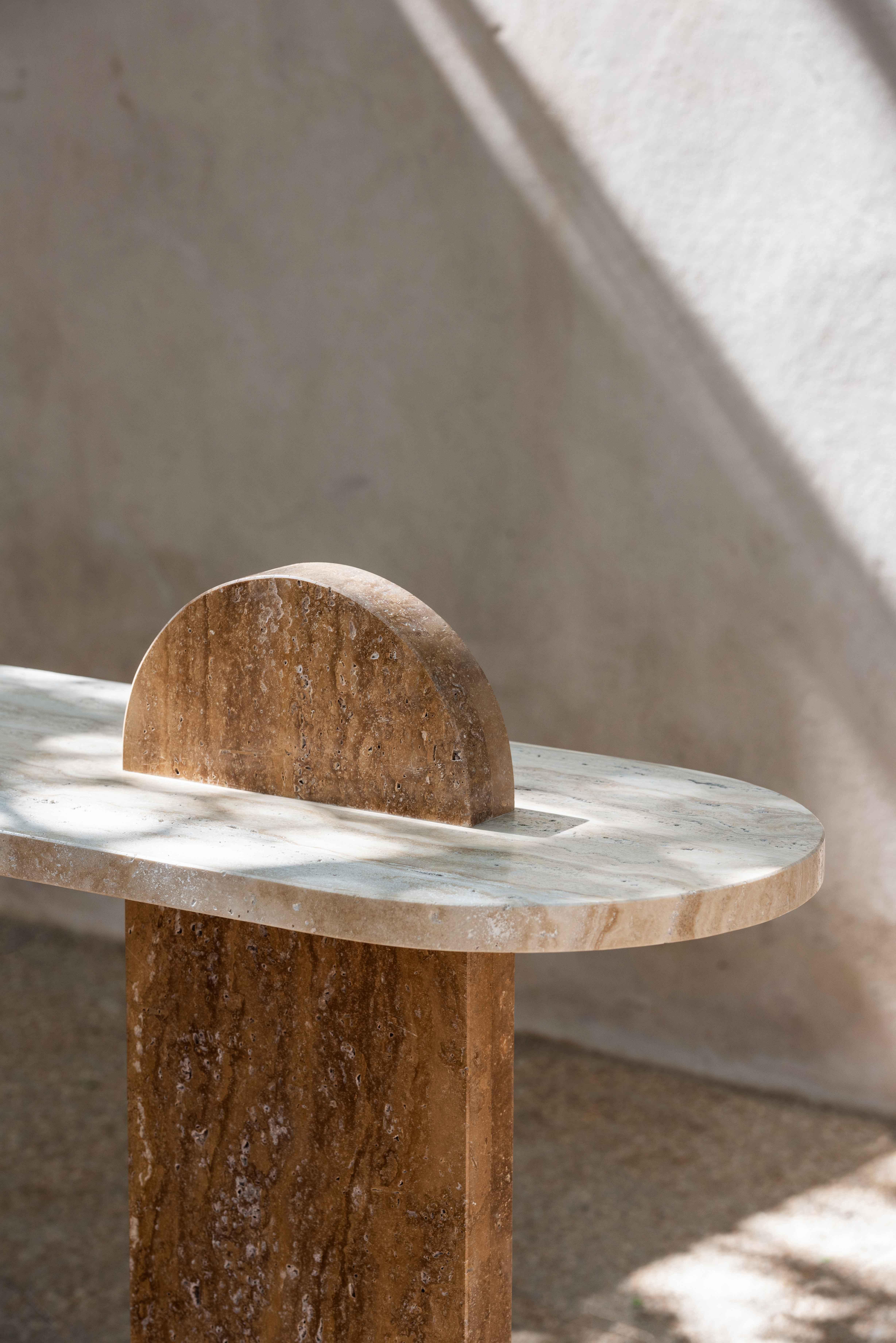 Gol. 002 marble console table by Chapter Studio
Dimensions: H 86 x W 40 x D 160
Material: marble (beige travertine, dark emperador)

Effortless composition and eccentric design bring forth the Golestan Series. Evoking rich emotions of heritage