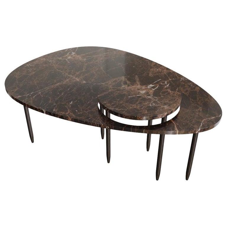 Gol. 003 marble center table by Chapter Studio
Dimensions: H 40 x W 86 x D 119
Material: marble (dark emperador)

Effortless composition and eccentric design bring forth the Golestan Series. Evoking rich emotions of heritage and culture with