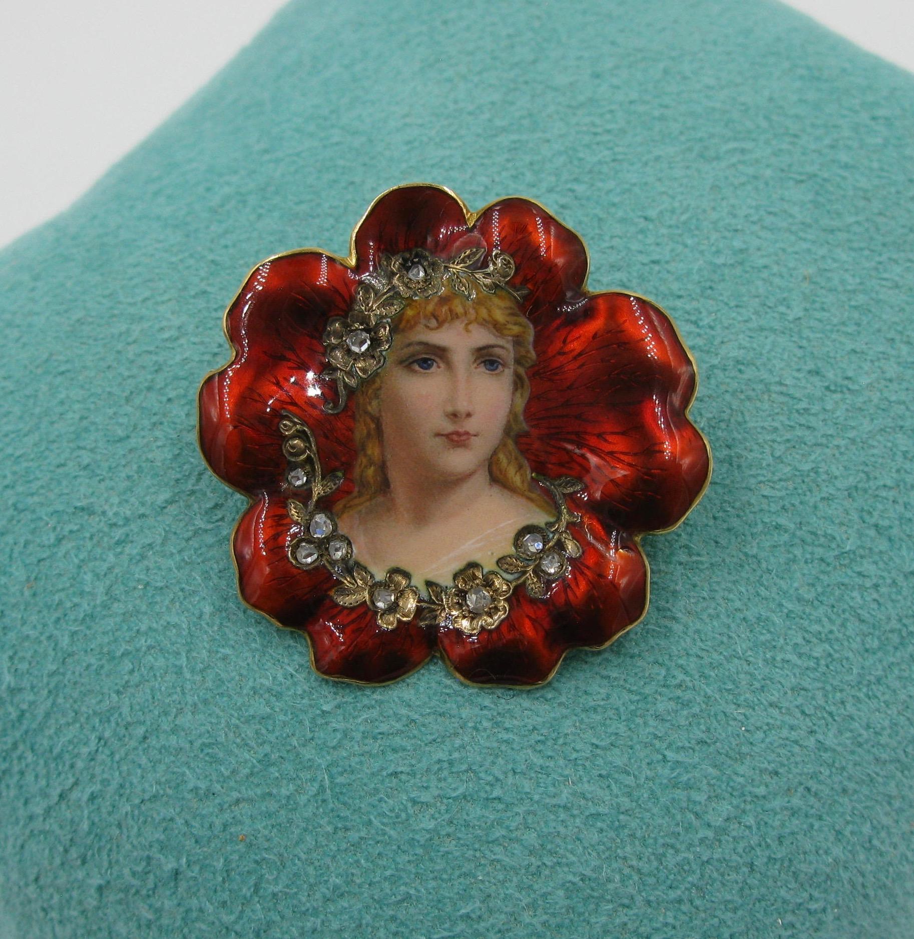 Broche jeune fille en émail suisse Art nouveau 18 carats avec diamants et incrustation en forme de fleur en vente 1