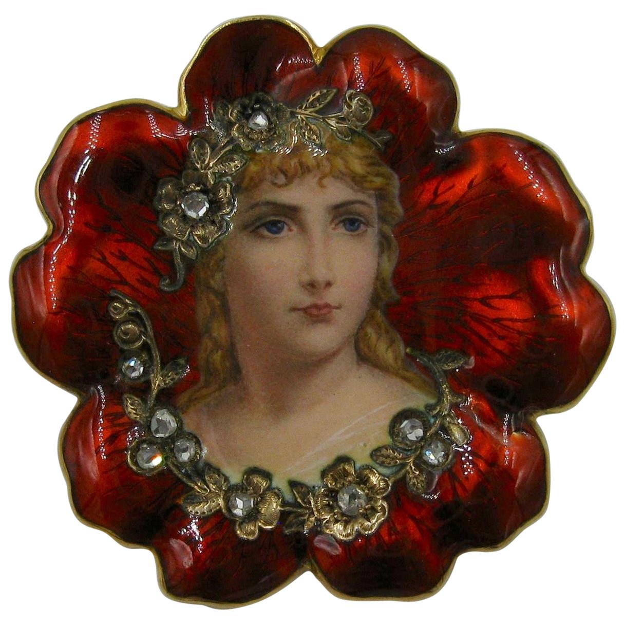 Broche jeune fille en émail suisse Art nouveau 18 carats avec diamants et incrustation en forme de fleur