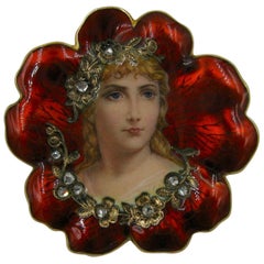 Vintage Golay and Fils Diamond Flower Maiden Brooch Swiss Enamel Art Nouveau 18 Karat