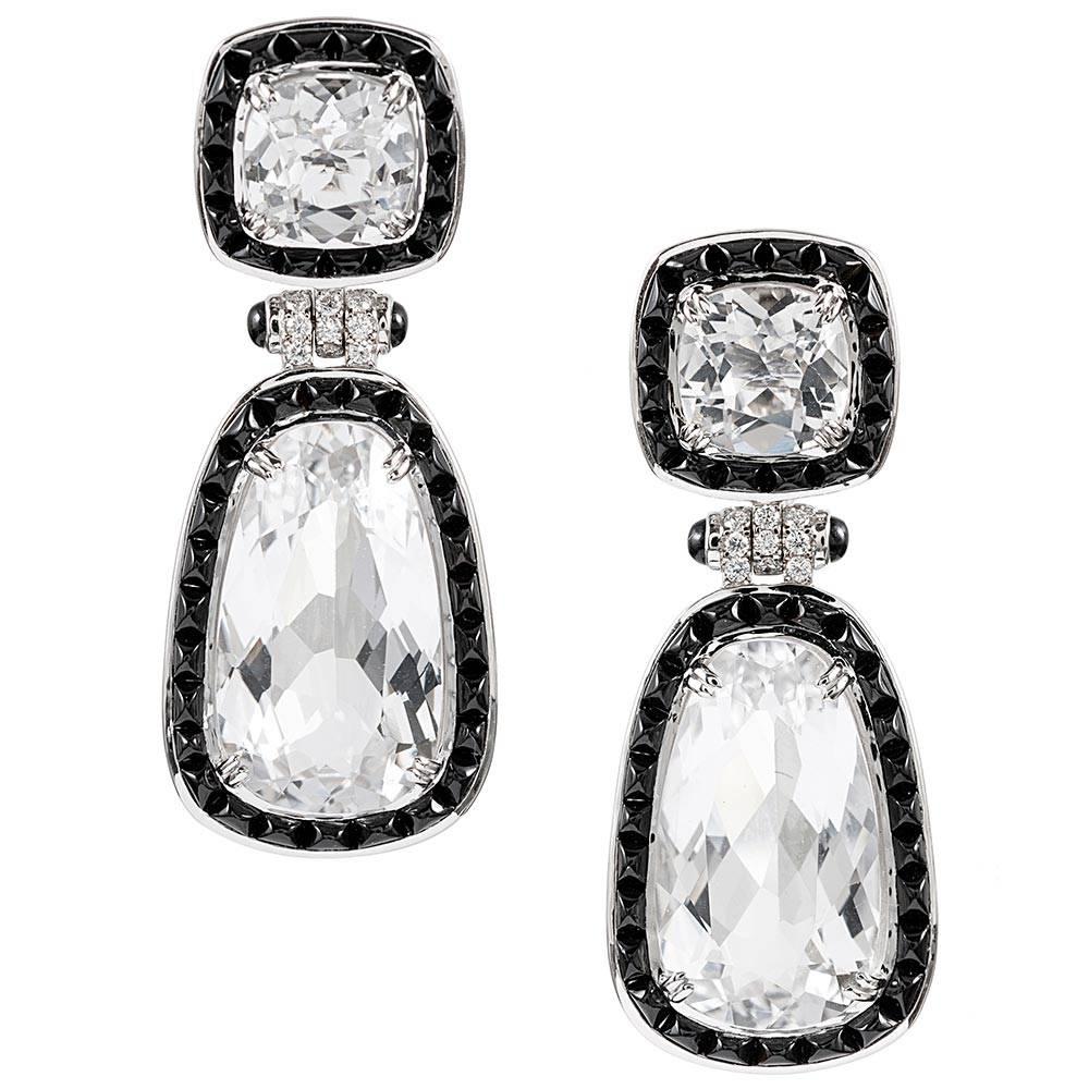 “Golconda” Earrings with Rock Crystal, Diamonds and Onyx, Signed Seaman Schepps