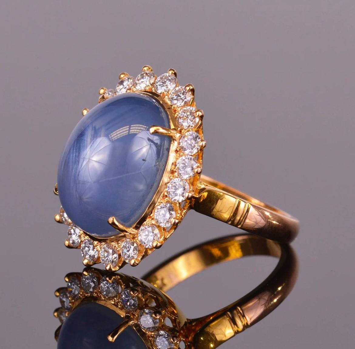 Cabochon Golconda Star Sapphire and Diamond Ring in Yellow Gold