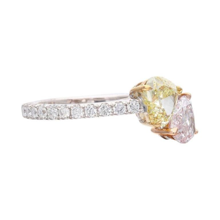 Modern GIA Certified 0.77 Fancy Light Pink and 0.84 Fancy Yellow Diamond Bypass Ring For Sale