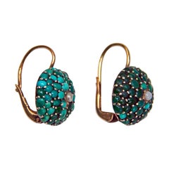 Gold 14 Carat Cabochon Turquoise Pearl Stud Earrings Vienna, 1900