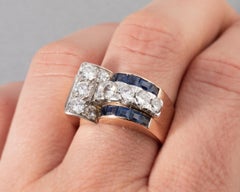 Gold 1.40 Carats Diamonds and Sapphires French Retro Ring