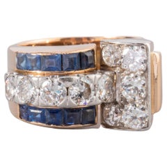 Gold 1.40 Carats Diamonds and Sapphires French Retro Ring