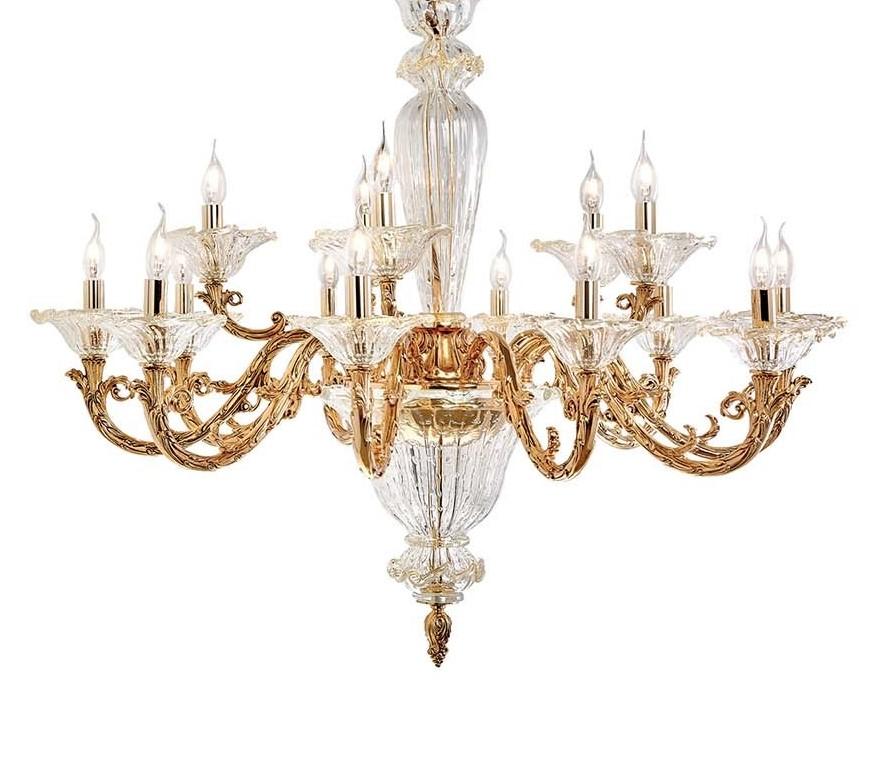 The sinuous arms of this sophisticated gold-plated chandelier flourish with graceful flower-shaped bobeches that are brought to life with masterful attention to detail. This exclusive piece is embellished with striking clear glass enhanced by a