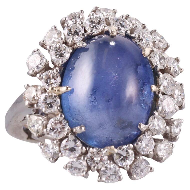 Gold 15.20ct Sapphire Cabochon Diamond Ring For Sale