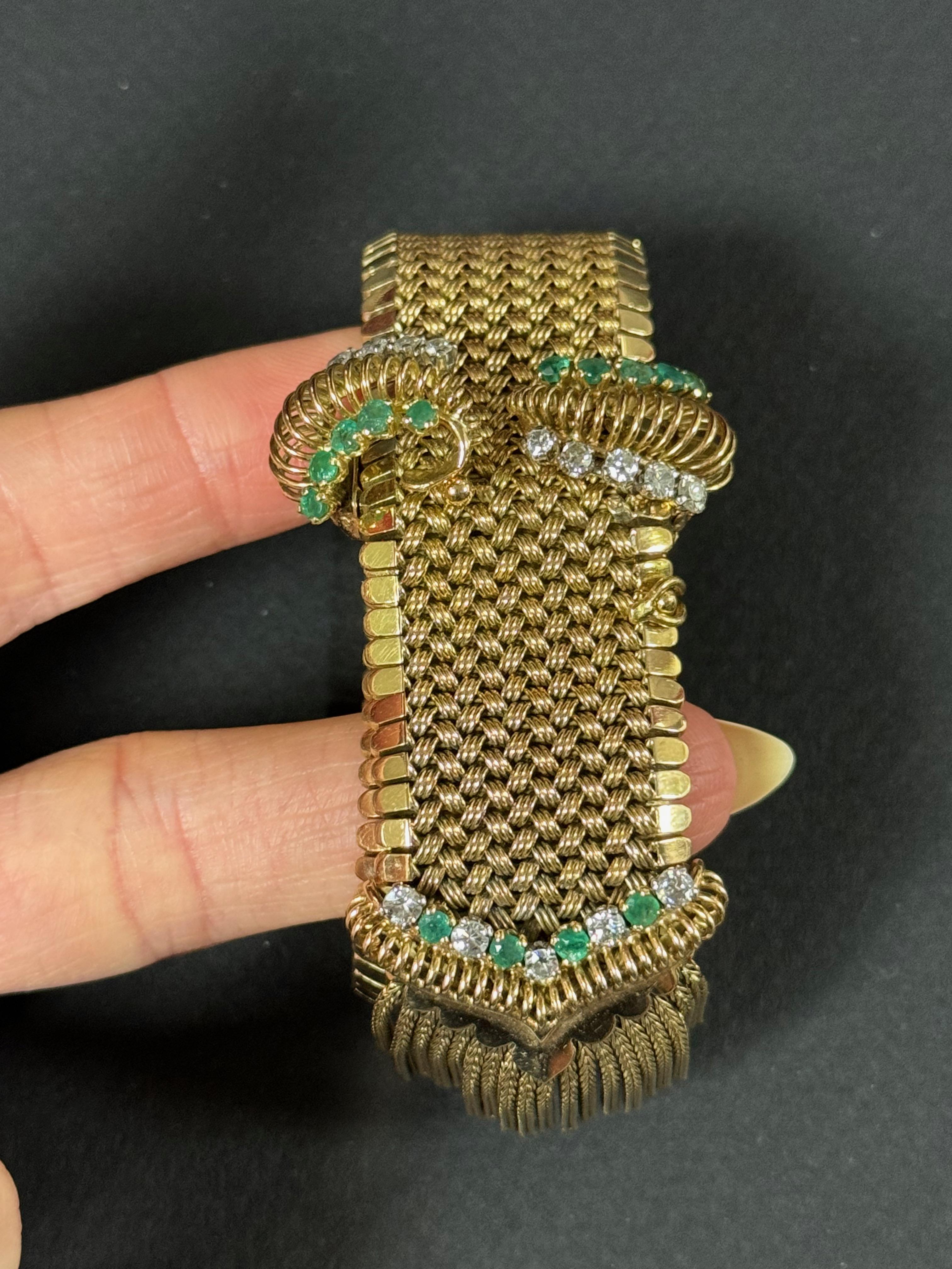 Gold 18k, Emerald and Diamond Belt Bracelet circa 1930-1950 For Sale 6