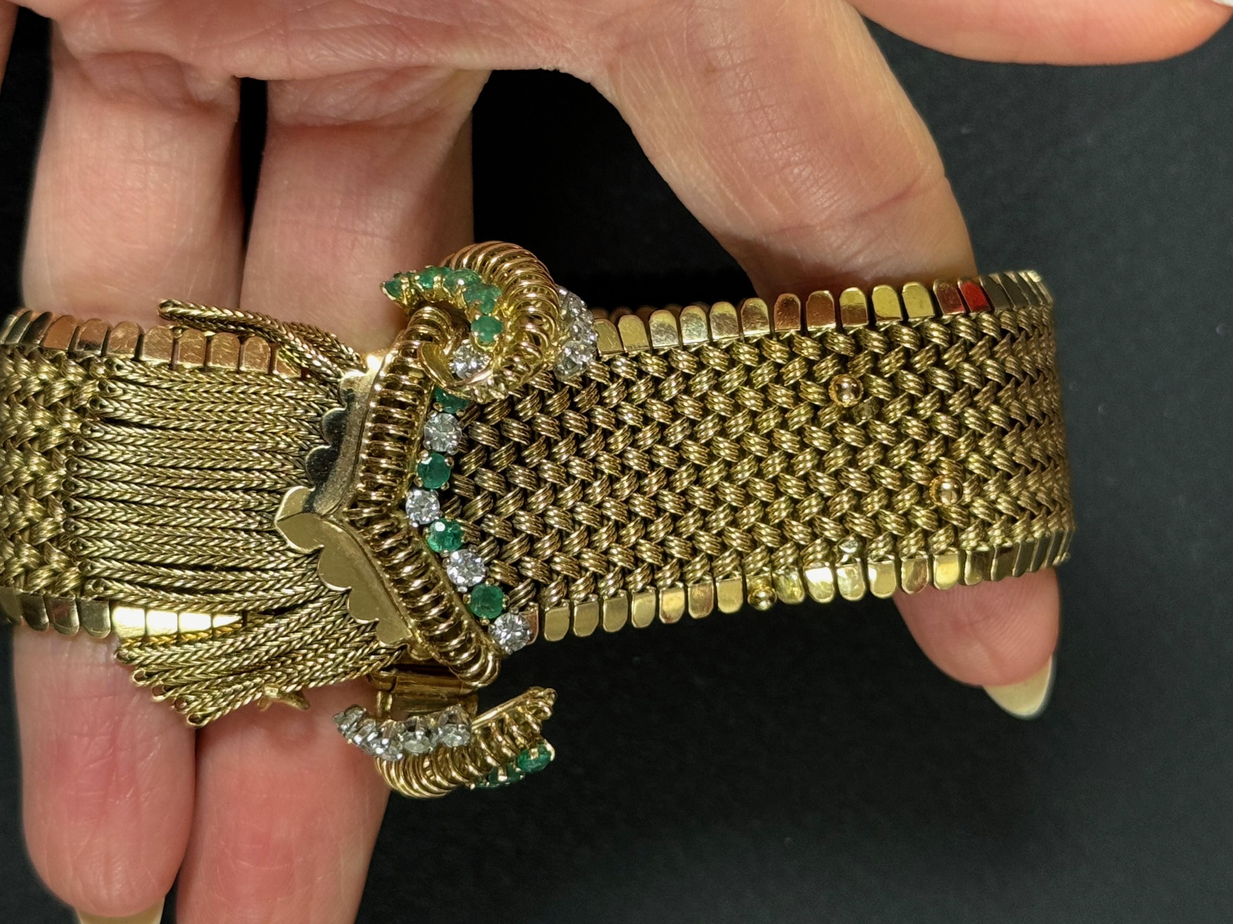 Women's or Men's Gold 18k, Emerald and Diamond Belt Bracelet circa 1930-1950 For Sale
