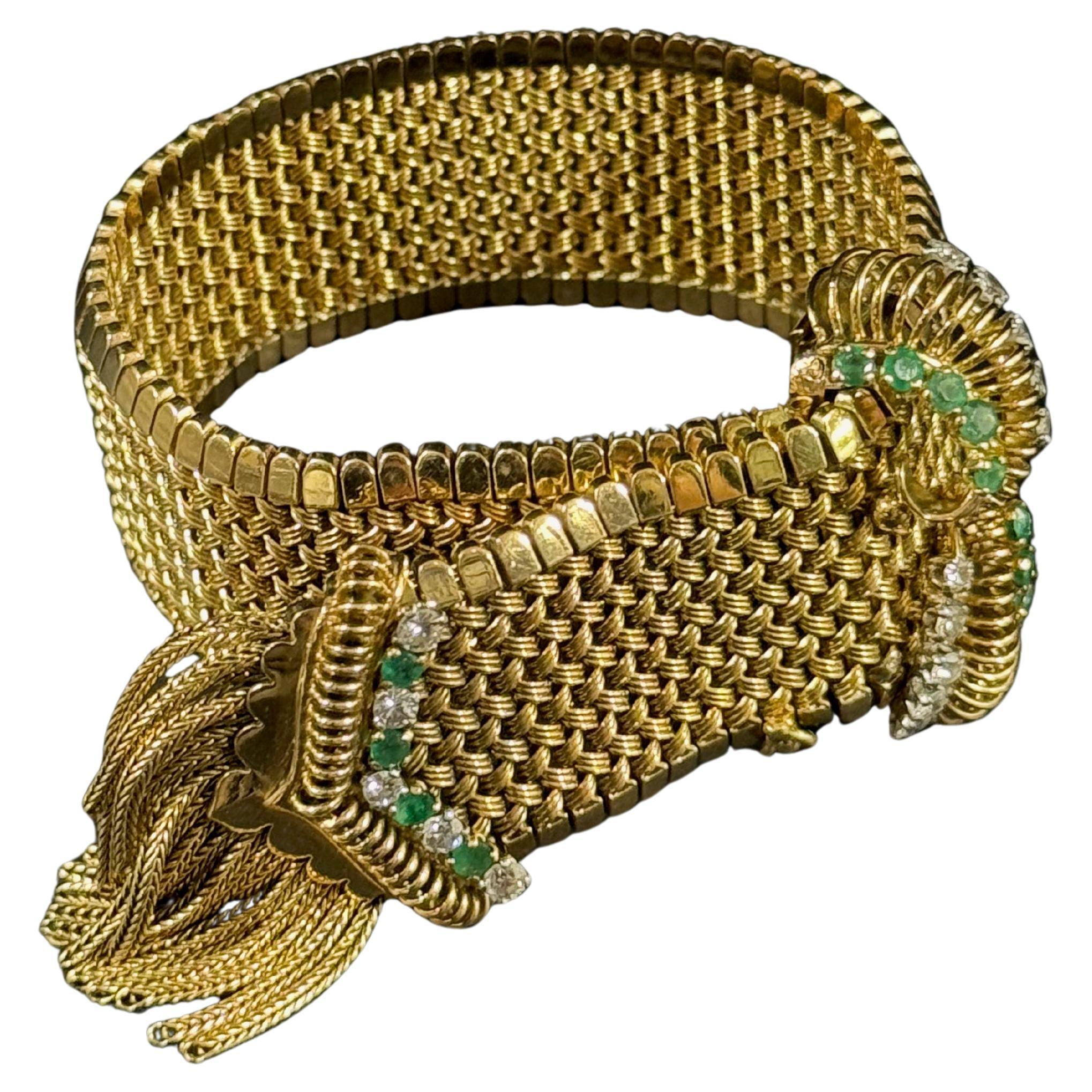 Gold 18k, Emerald and Diamond Belt Bracelet circa 1930-1950 For Sale