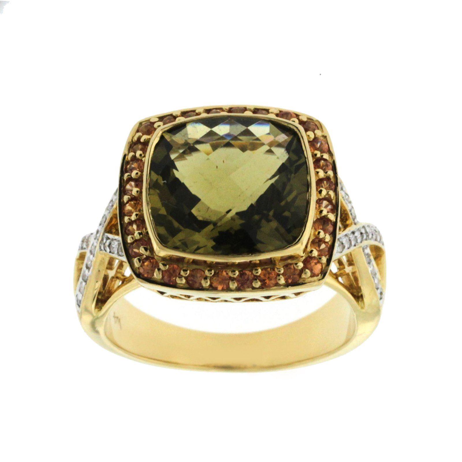 Top: 15 mm
Band Width: 3.5 mm
Metal: 18K Yellow Gold
Size: 6-8
Hallmarks: 18K
Total Weight: 6.2 Grams
Stone Type: Green and Orange Quartz with Diamonds
Condition: Pre Owned
Estimated Retail Price: $3700
Stock Number: 30-02214