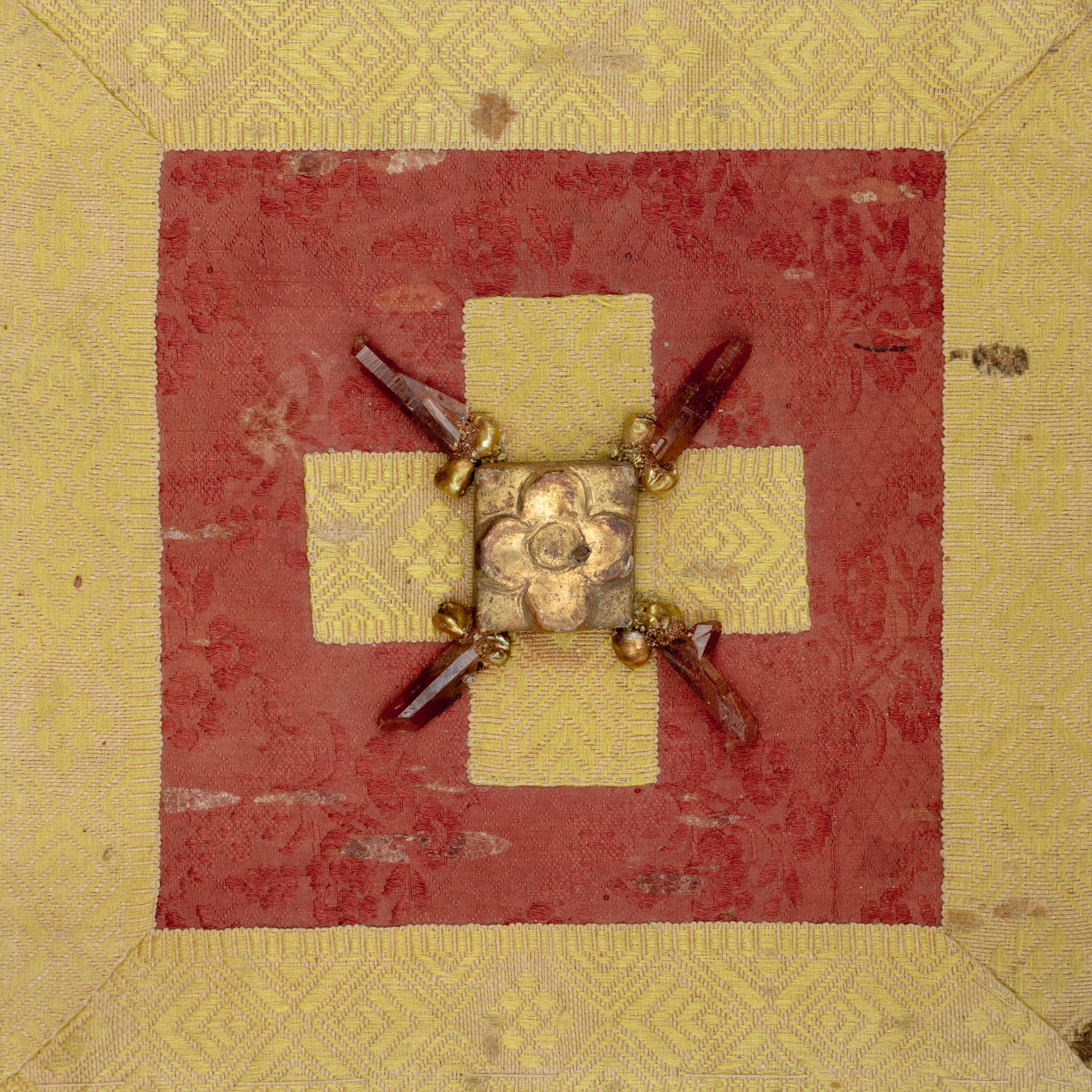 19th century Italian, hand-made chiesa borsa (church offering purse) in red with ecclesiastical metal gold trim. The bag has been adorned with an 18th century flower fragment motif and coordinating tangerine quartz crystals and baroque pearls.