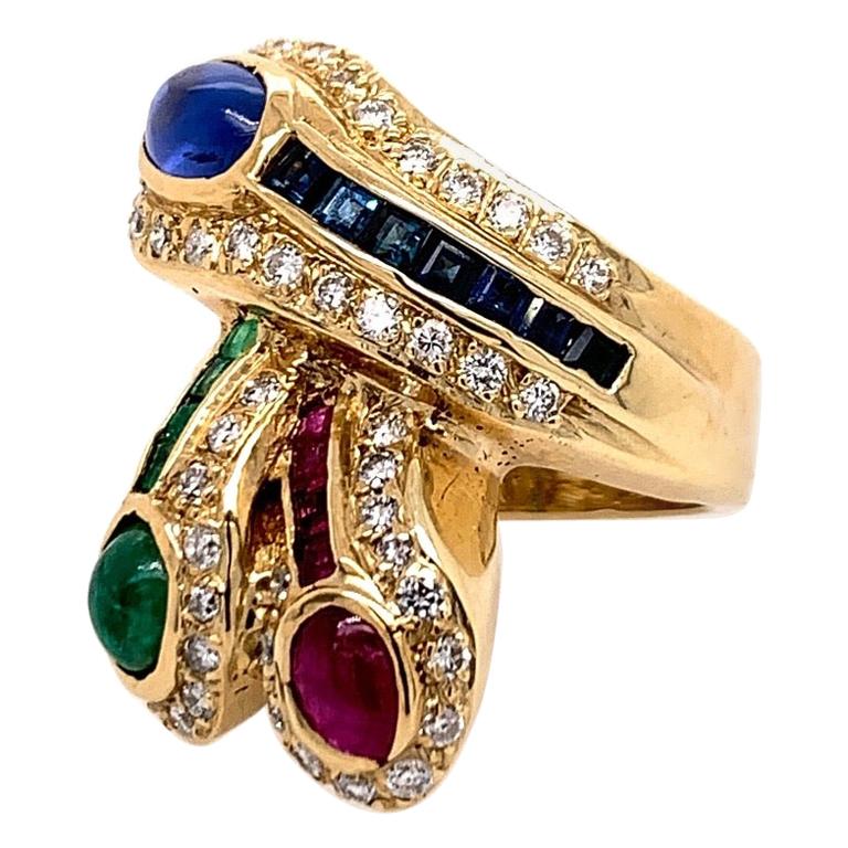 Gold 2.54 Carat Natural Emerald, Ruby Sapphire Cocktail Diamond Ring, circa 1970