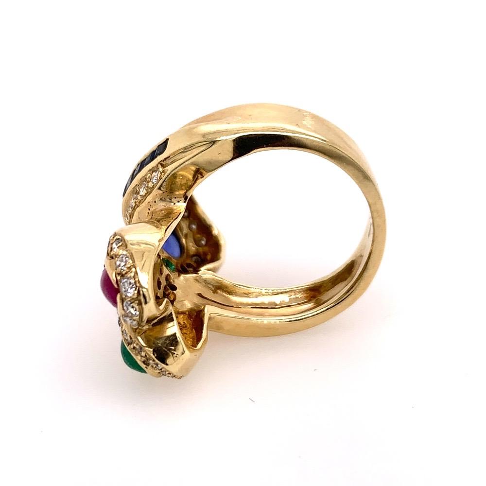 Retro Gold 2.54 Carat Natural Emerald, Ruby Sapphire Cocktail Diamond Ring, circa 1970