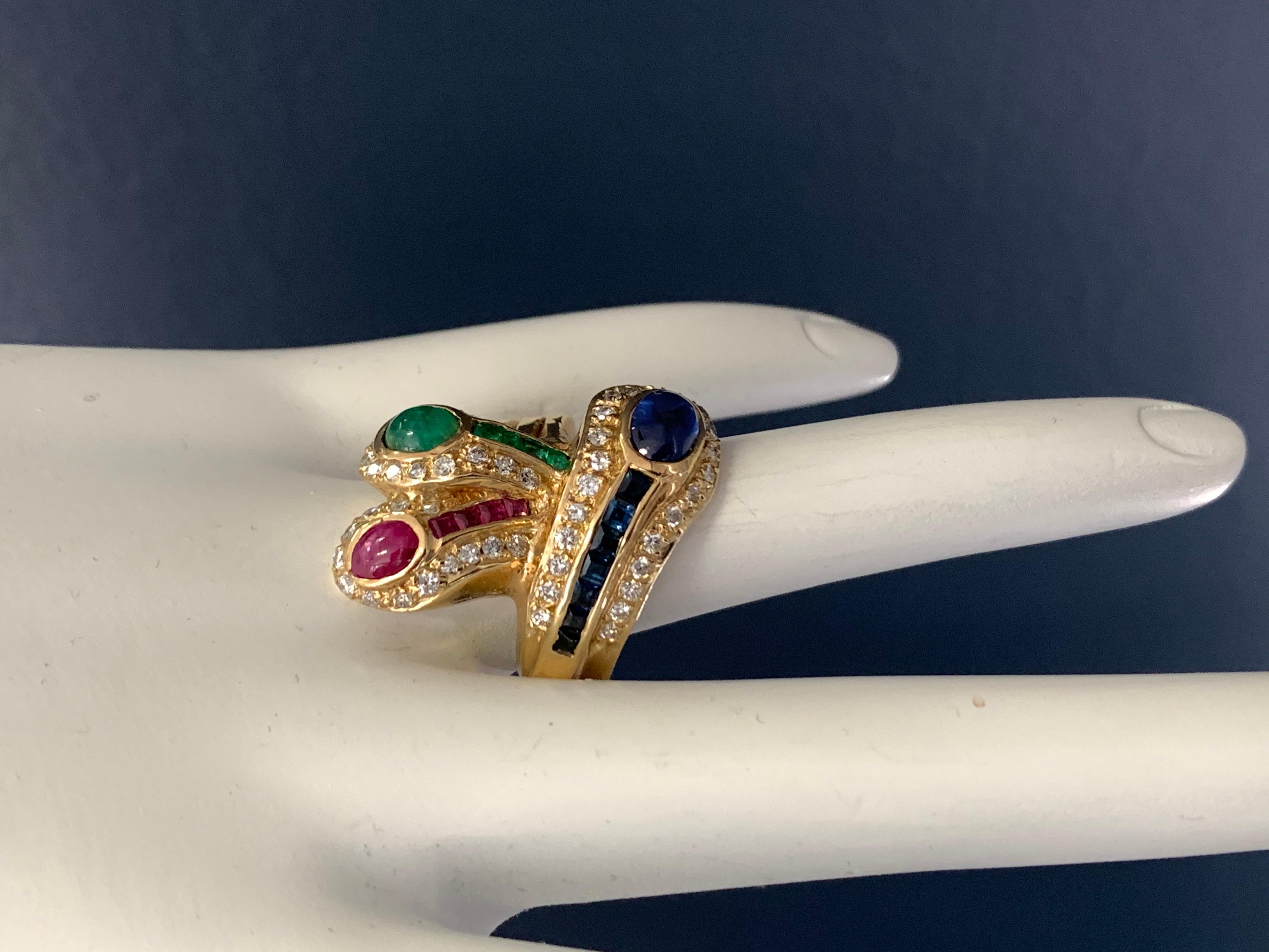 Gold 2.54 Carat Natural Emerald, Ruby Sapphire Cocktail Diamond Ring, circa 1970 1