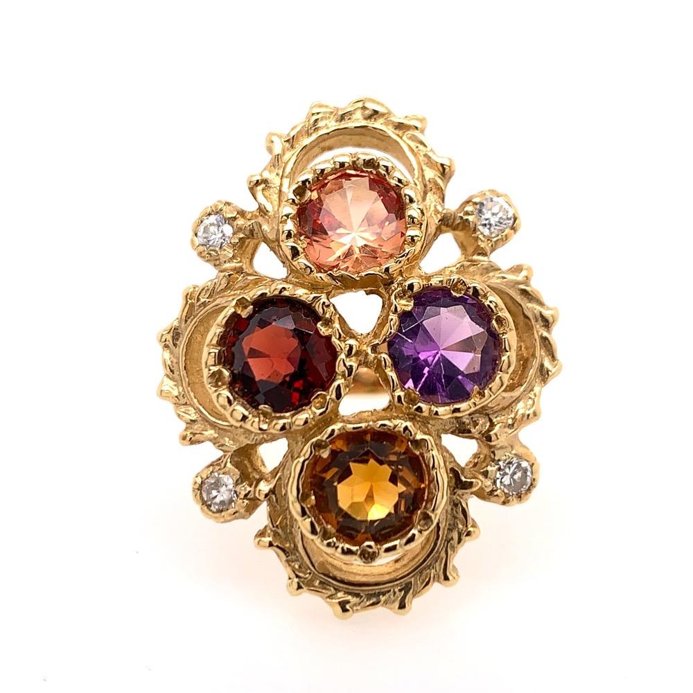A stunning 14k Gold Cocktail Ring (size 8). 

Set in the center are four natural round gemstones (including a garnet, amethyst, and citrine) measuring approximately 6.25mm, 3 carats total. 

Also set are four natural round brilliant diamonds