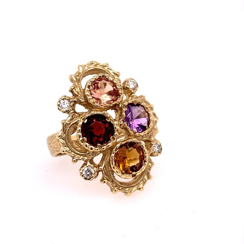 Bague cocktail en or avec diamant naturel de 3,25 carats et pierres précieuses multicolores, c. 1980 Bon état - En vente à Los Angeles, CA