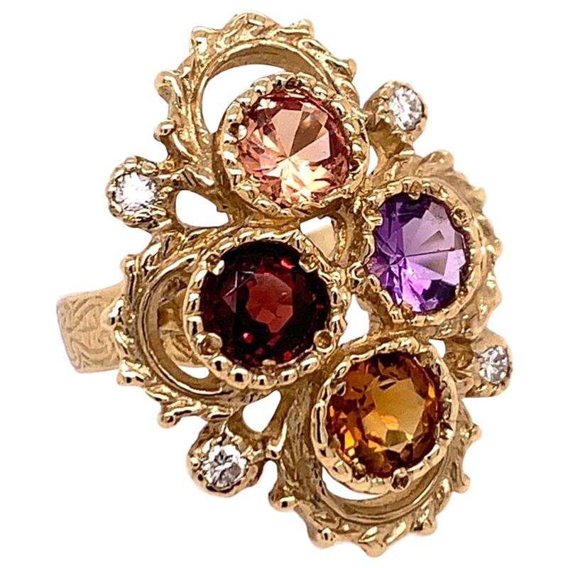 Gold 3.25 Carat Natural Diamond Multi-Color Gemstone Cocktail Ring, circa 1980