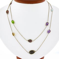 Gold 34" Long Bezel Natural Gemstone Multicolor By the Yard Chain Necklace