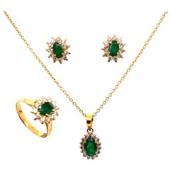 Gold 4.07 Carat Natural Emerald and Diamond Pendant, Earring 
Cocktail Ring Set