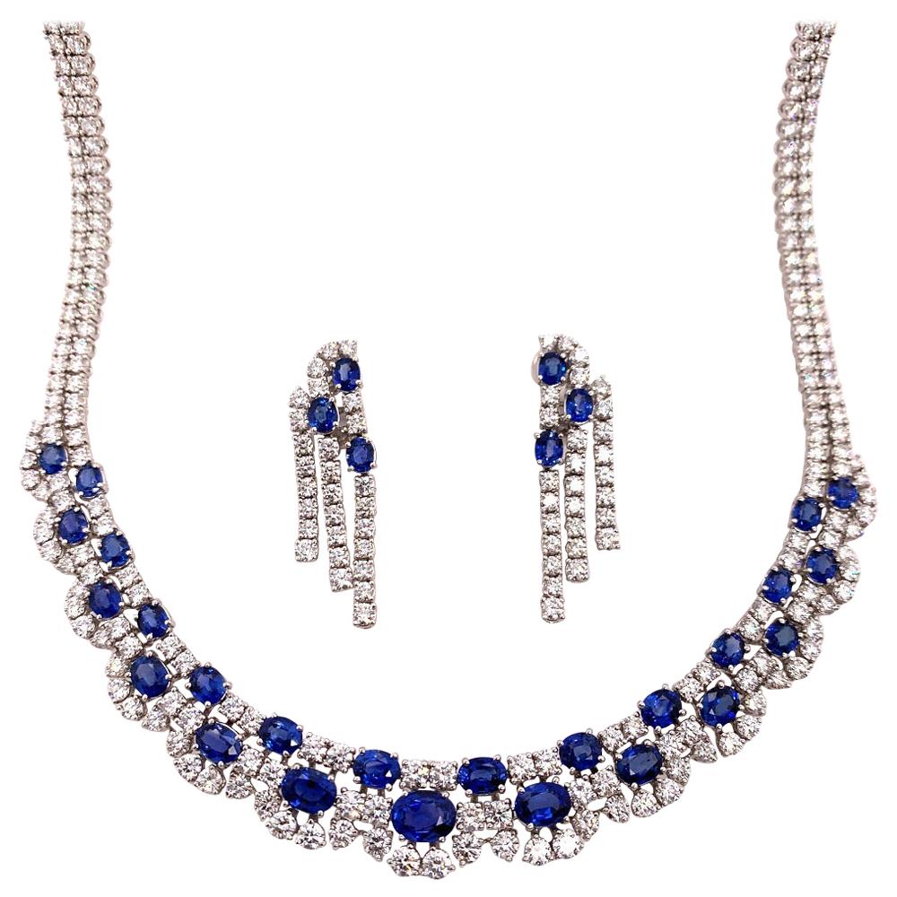 Gold 43.50 Carat Natural Round Diamond and Oval Sapphire Necklace Earring Set