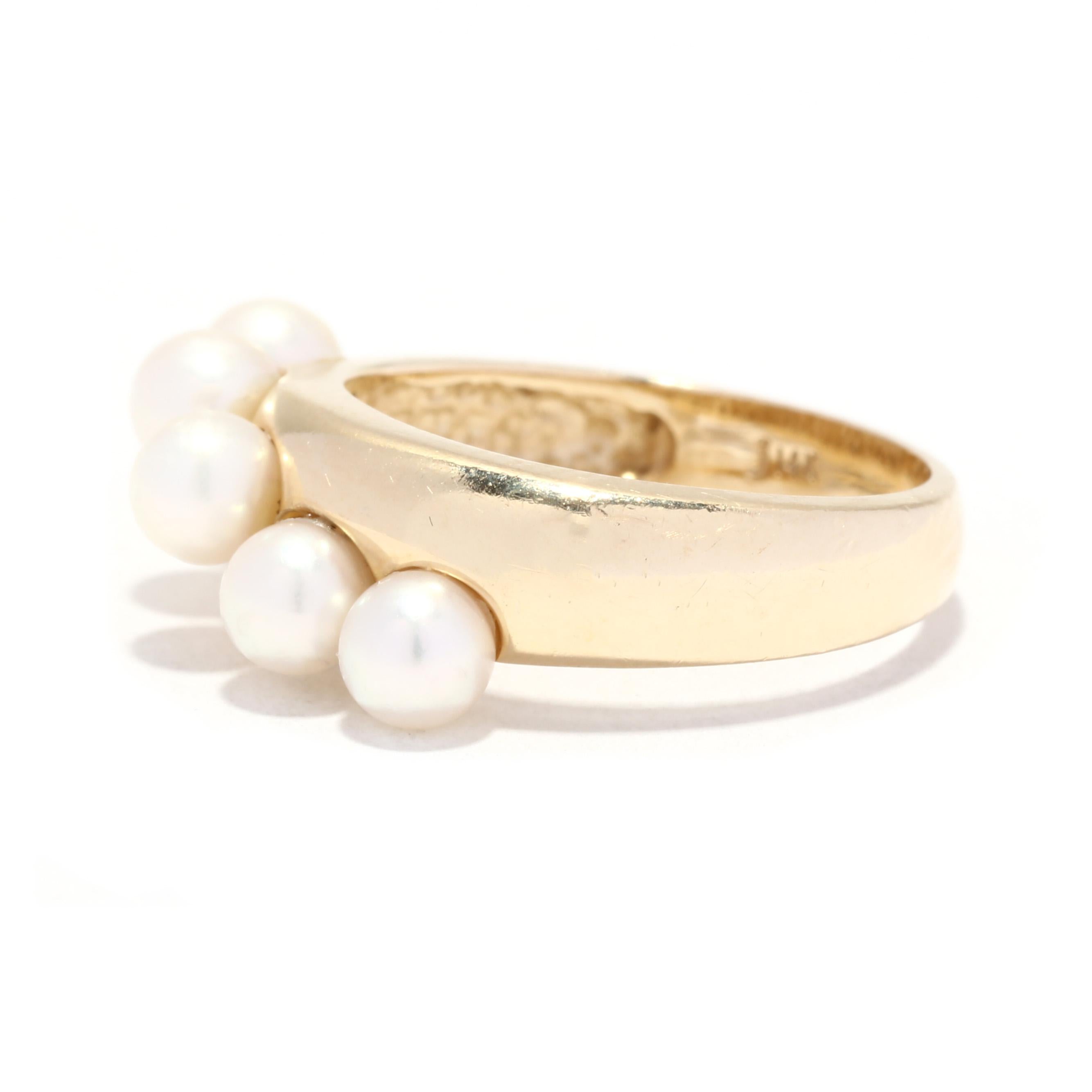 Bead Gold 5 Pearl Band Ring, 14KT Yellow Gold, Ring, Simple Pearl Band