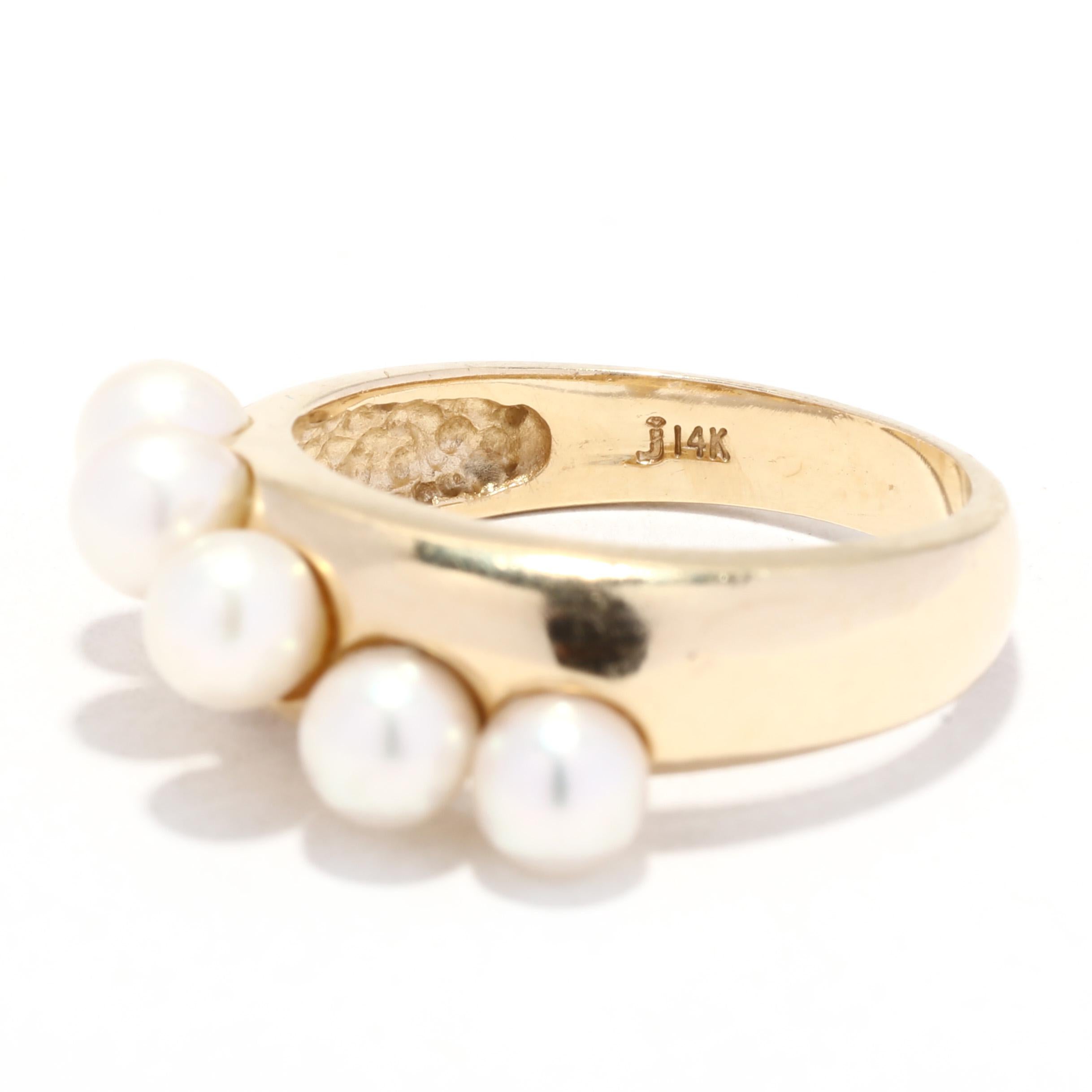 Gold 5 Pearl Band Ring, 14KT Yellow Gold, Ring, Simple Pearl Band In Good Condition In McLeansville, NC