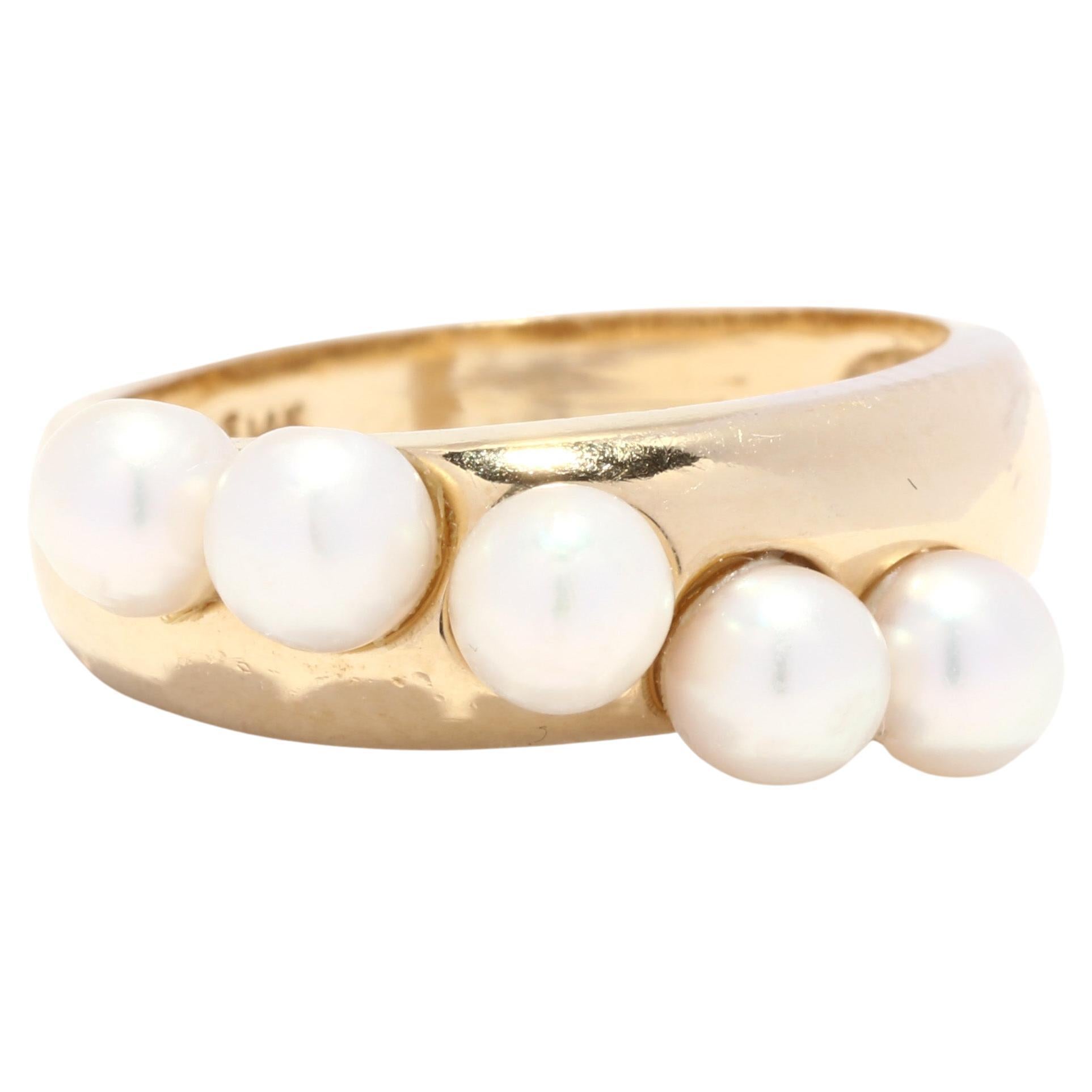 Gold 5 Pearl Band Ring, 14KT Yellow Gold, Ring, Simple Pearl Band