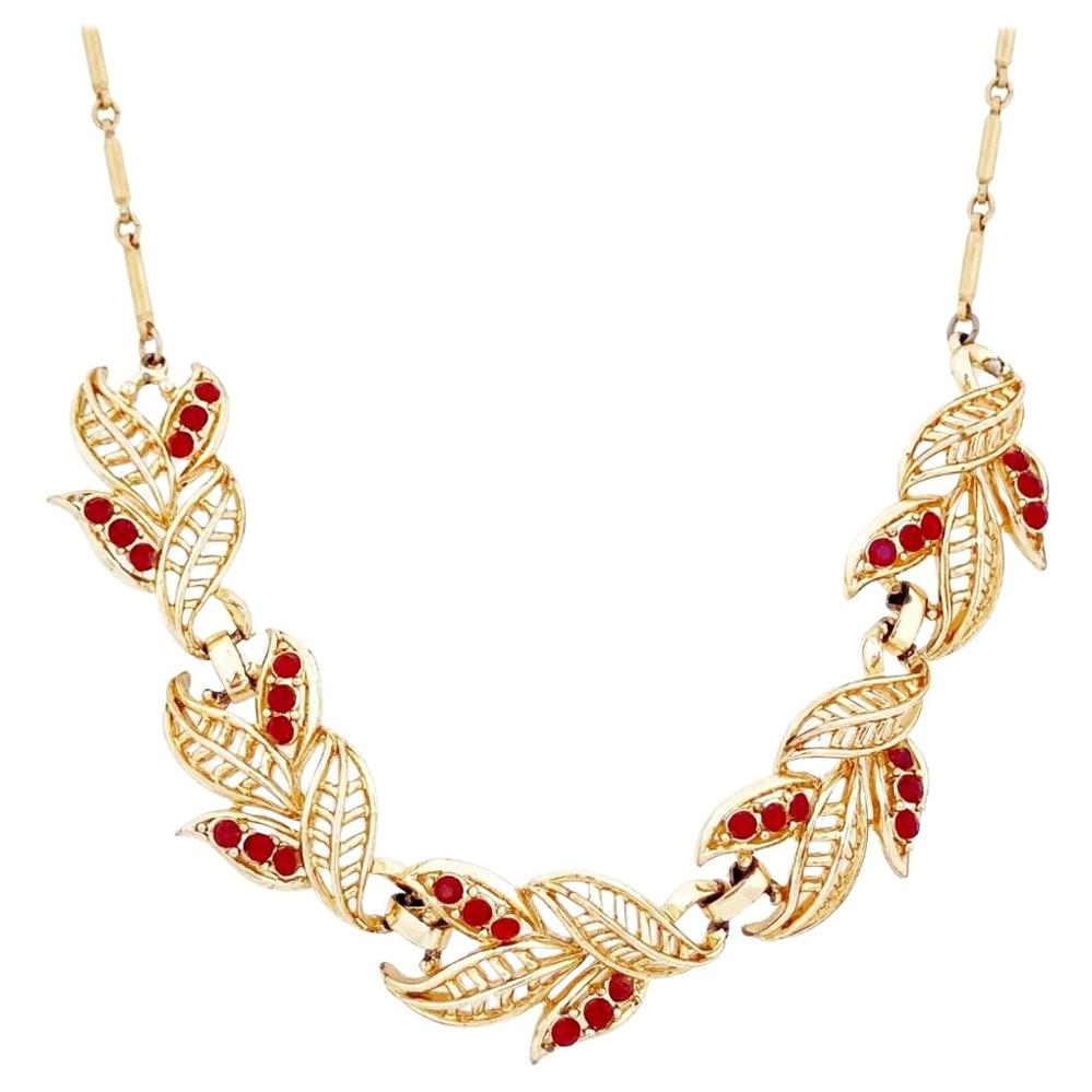 Gold Abstract Leaf Motif Choker Necklace With Red Rhinestones By Coro, 1950s