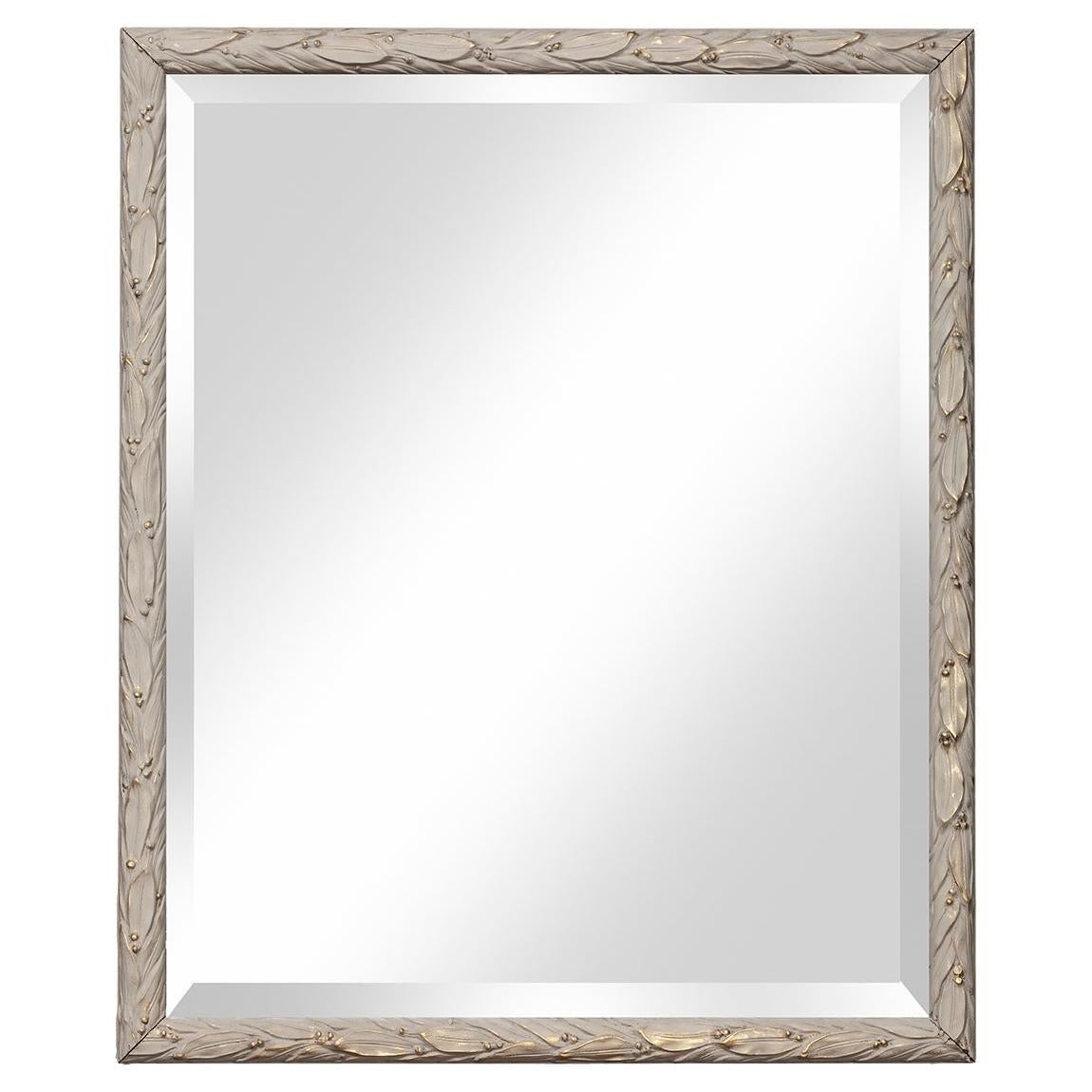 Gold Accented Greige Carved Italian Framed Beveled Mirror For Sale