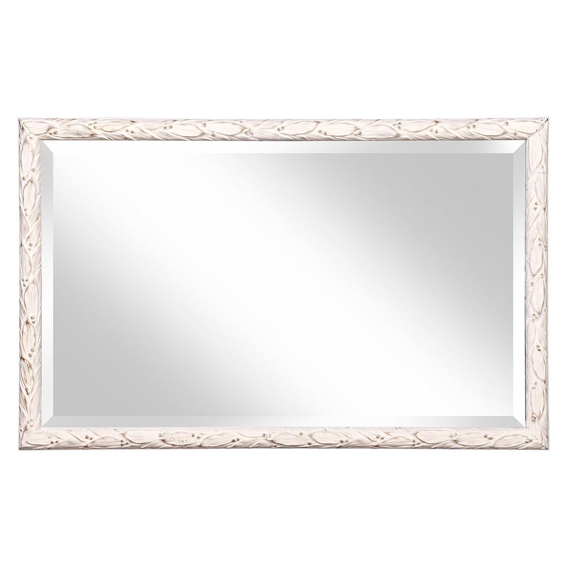 Gold Accented Hand-painted & Carved  in White Italian Beveled Mirror by Roma For Sale