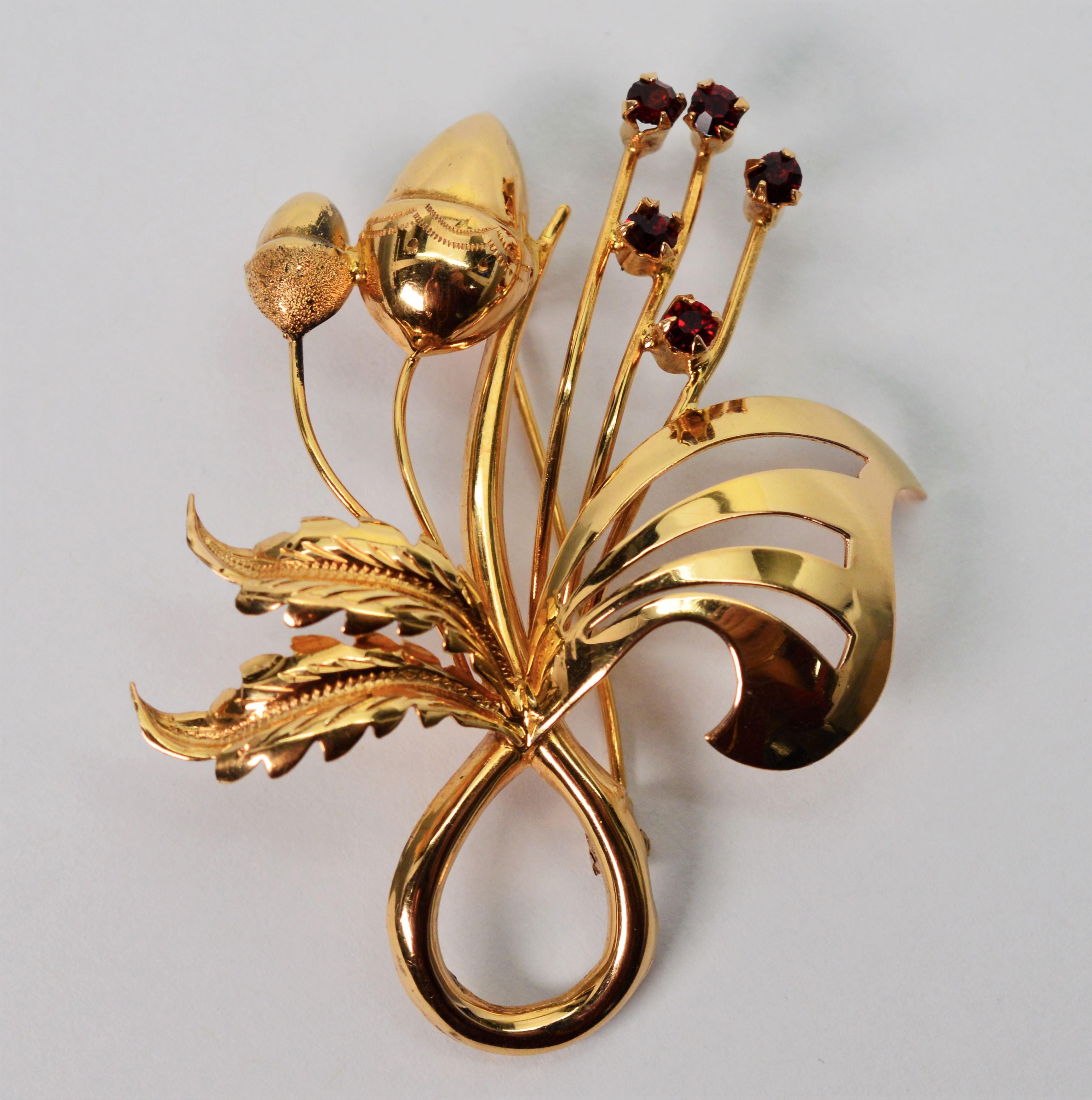 Round Cut Gold Acorn Ruby Pin Brooch For Sale