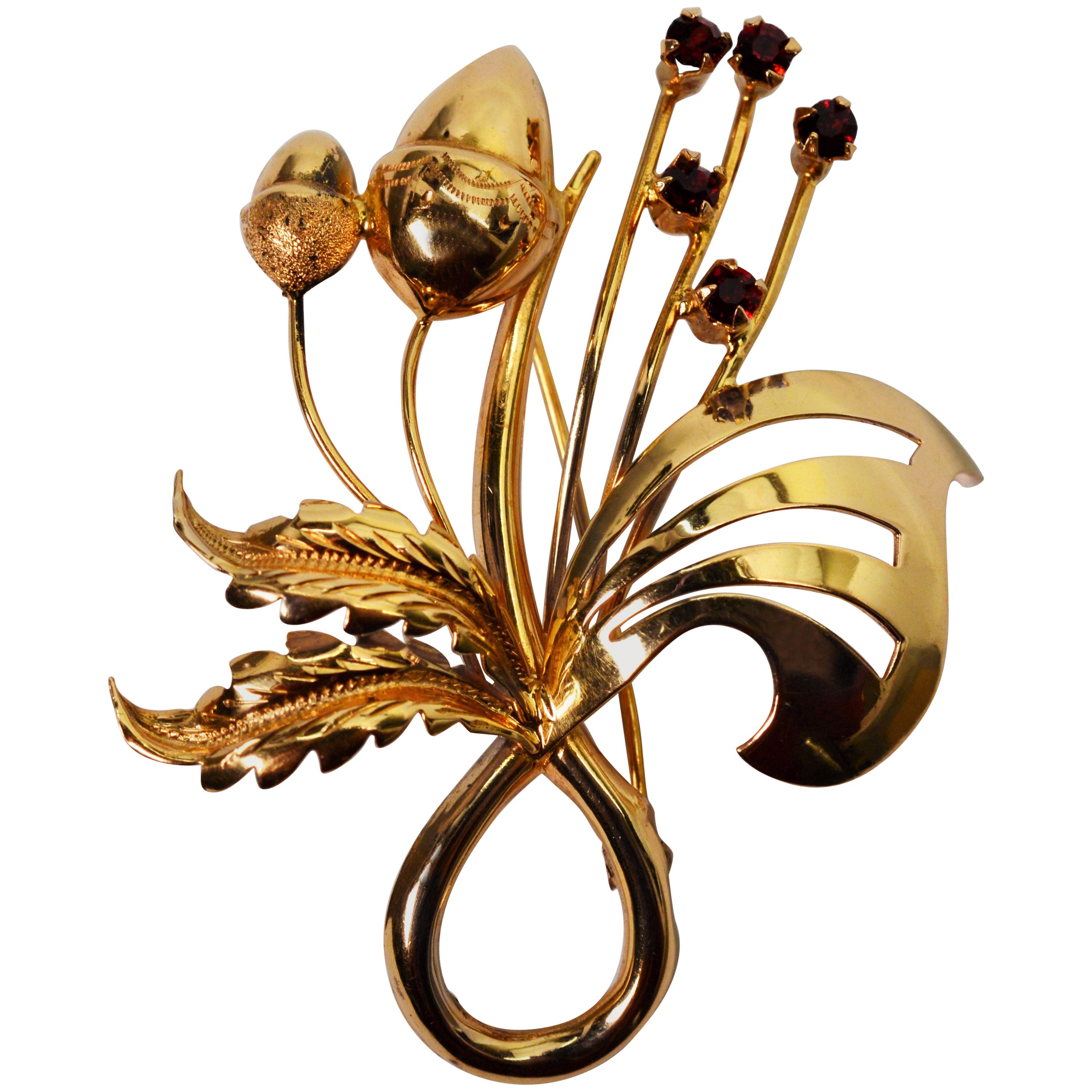 Gold Acorn Ruby Pin Brooch For Sale