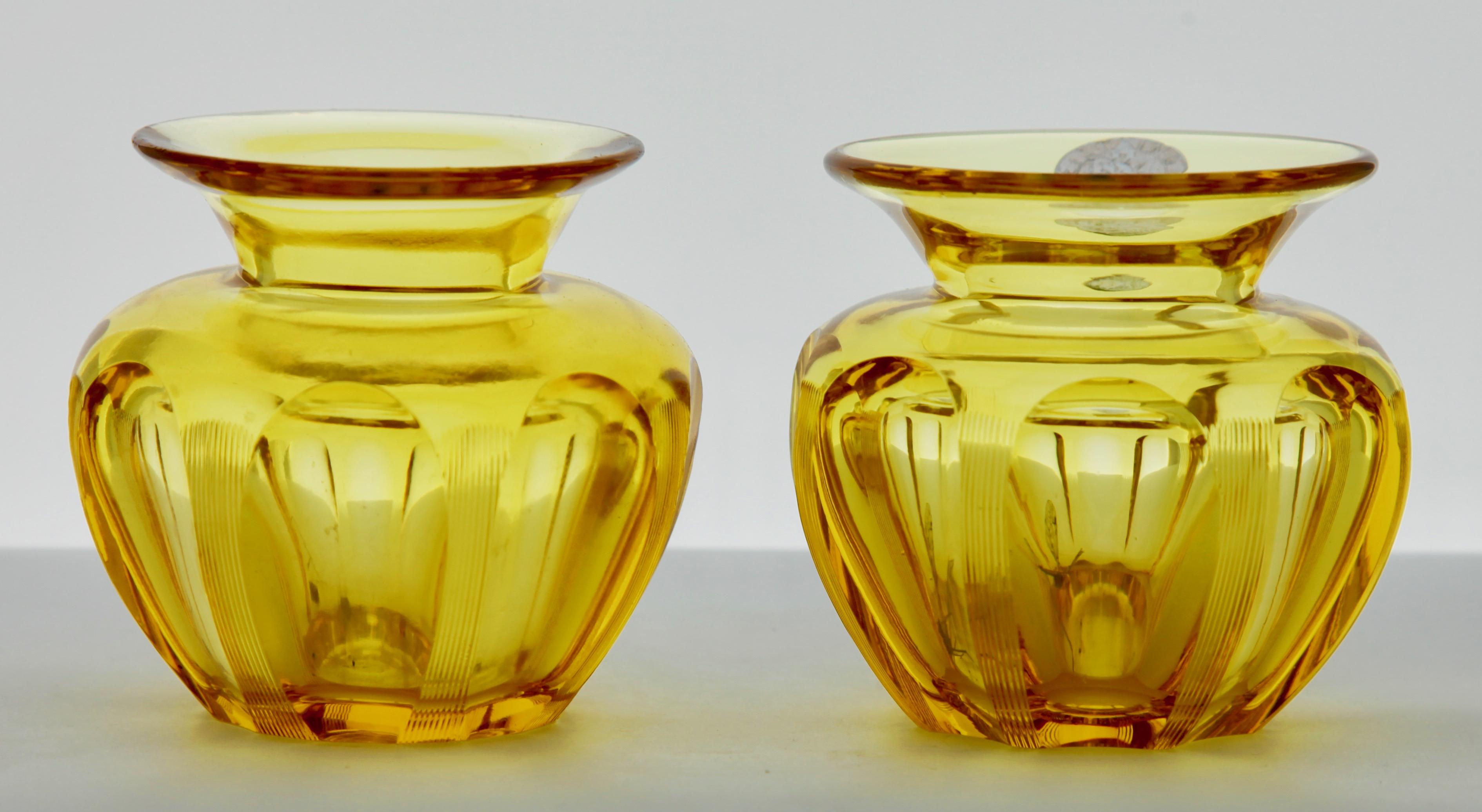 Mid-20th Century Gold-Amber Matching Pair of Cut Crystal Table Vases, with Sticker WMF