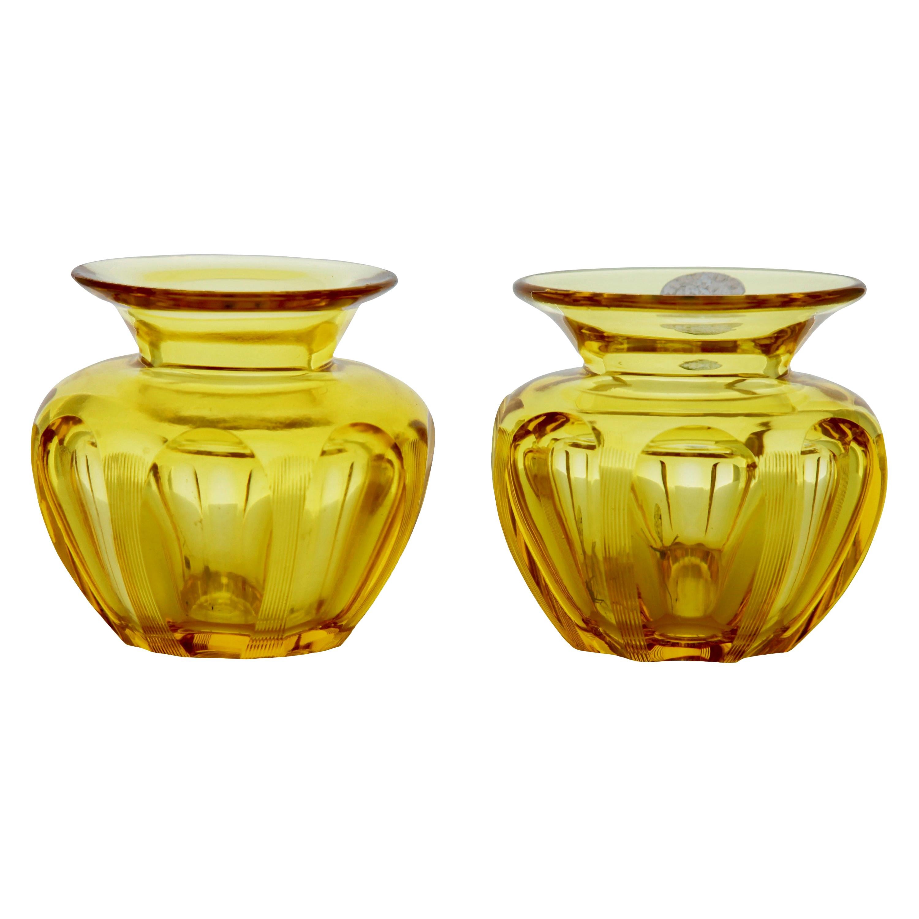 Gold-Amber Matching Pair of Cut Crystal Table Vases, with Sticker WMF