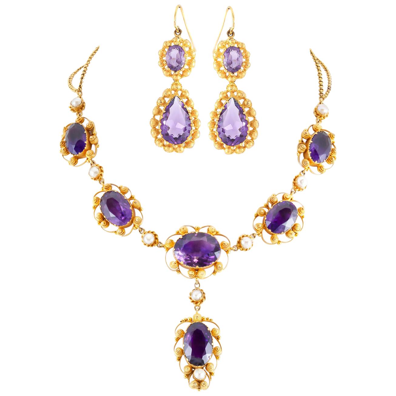 Victorian Amethyst and Pearl Necklace and Earrings Set