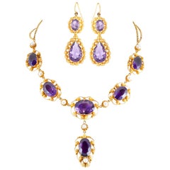 Victorian Amethyst and Pearl Necklace and Earrings Set