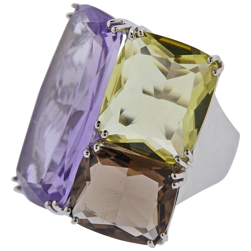 Gold Amethyst Lemon Citrine Quartz Cocktail Ring