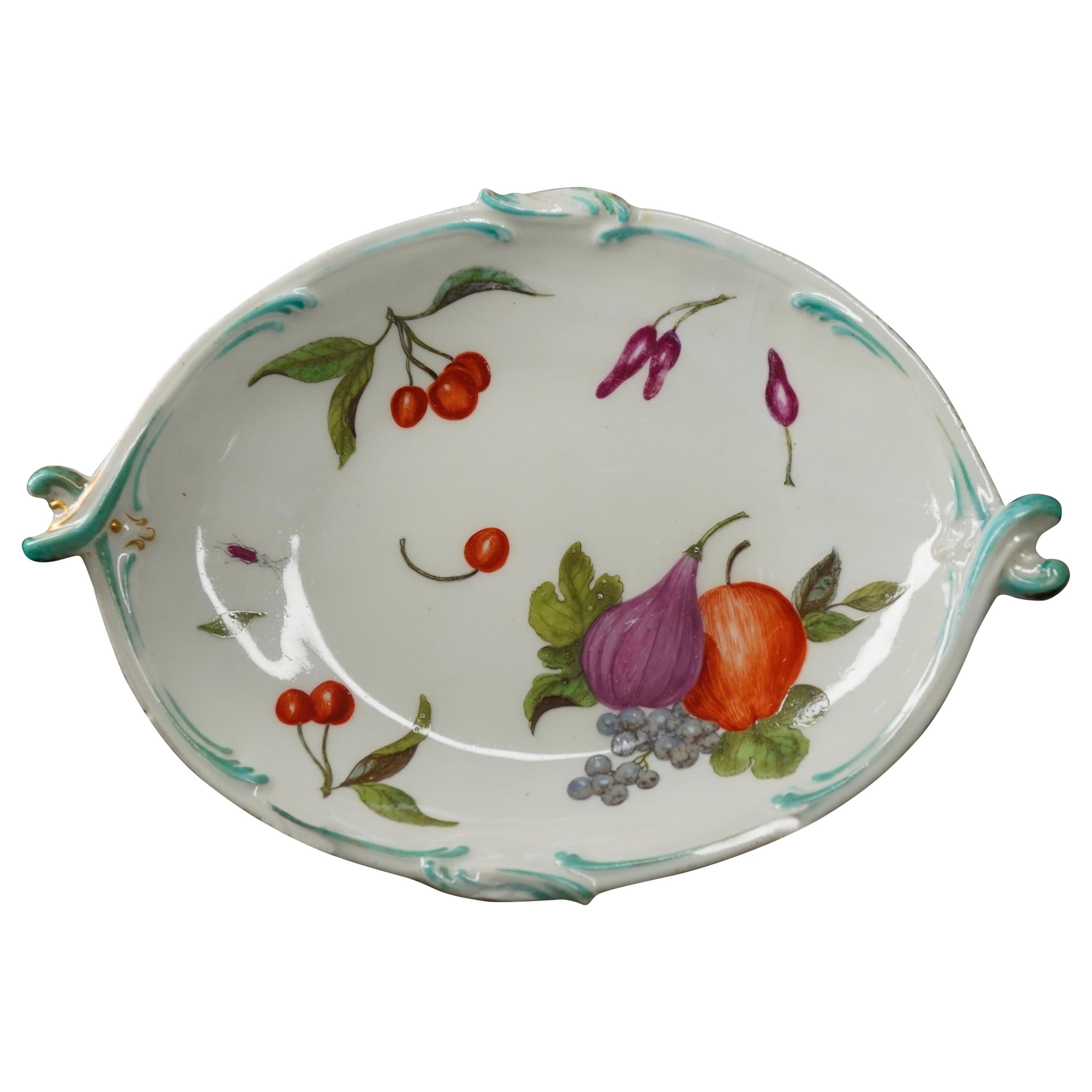 Gold Anchor Chelsea Rococo Shape Dish, Painted with Fruit and Bug, circa 1765
