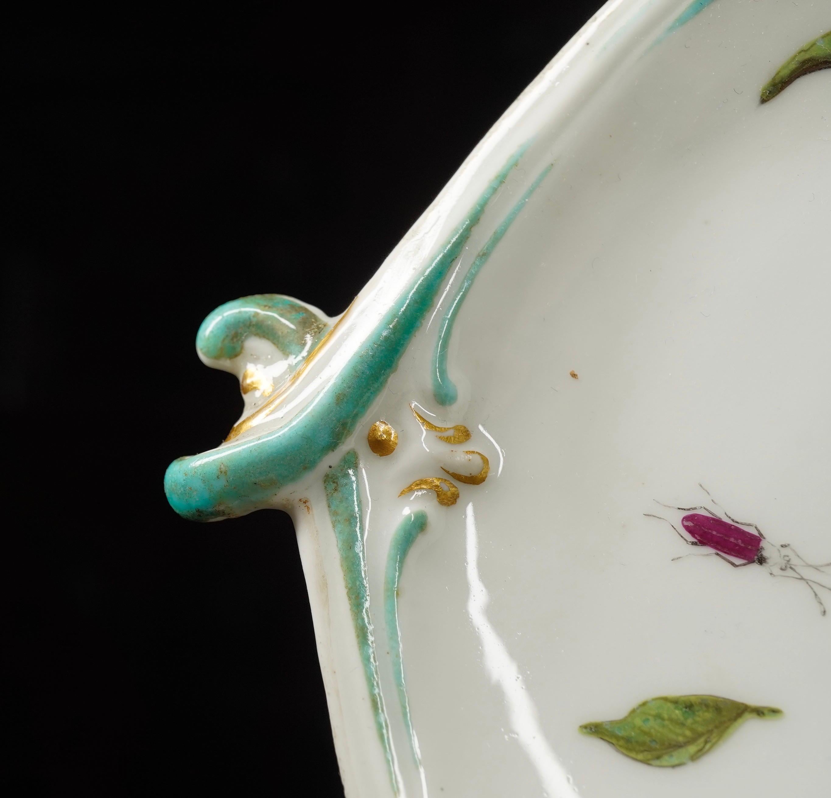 English Gold Anchor Chelsea Rococo Shape Dish, Painted with Fruit and Bug, circa 1765