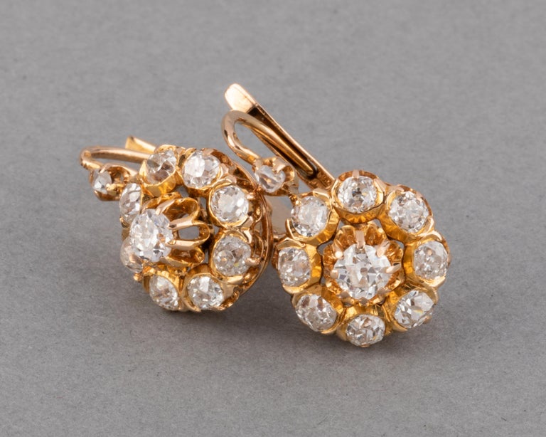 Gold and 1 Carat Diamond Antique French Earrings For Sale at 1stDibs