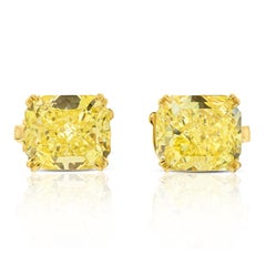 Gold and 12.09ct Radiant Cut Fancy Intense Yellow Diamond Stud Earrings