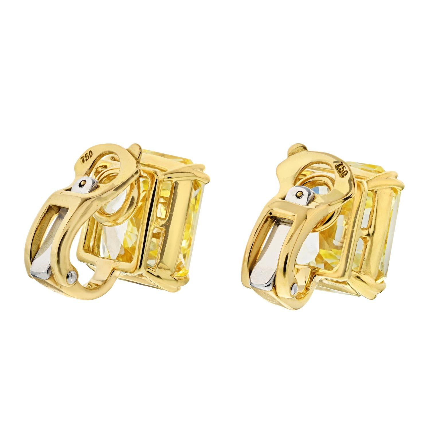 Gold and 12.09ct Radiant Cut Fancy Intense Yellow Diamond Stud Earrings In New Condition In New York, NY