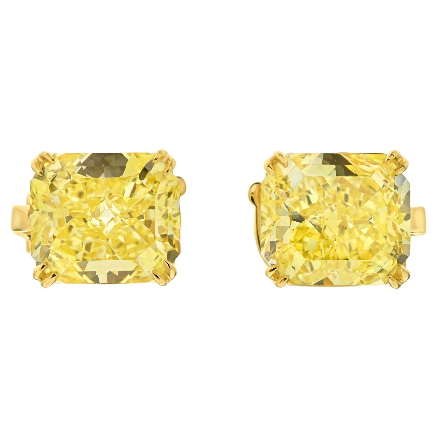 Gold and 12.09ct Radiant Cut Fancy Intense Yellow Diamond Stud Earrings